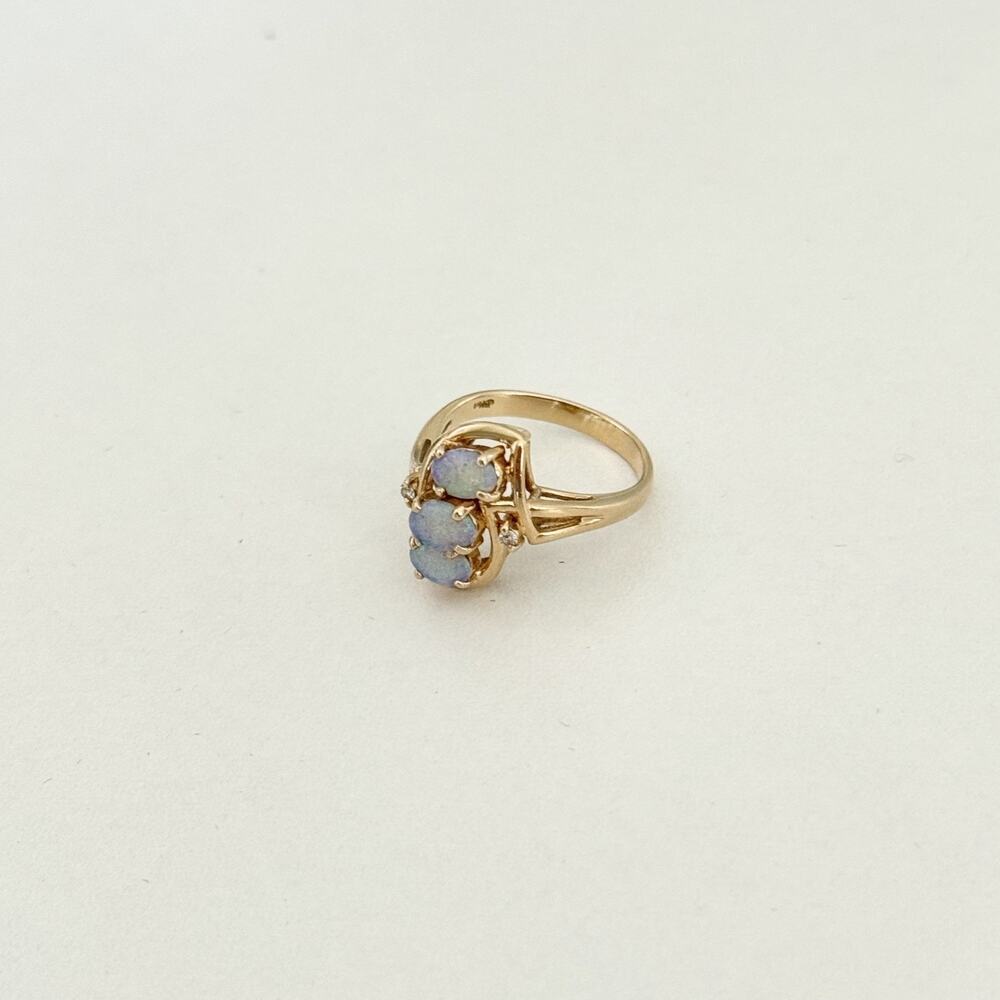 14K Yellow Gold Fire Opal 3 Stone Diamond Band Ring Size 6 - Picture 10 of 16
